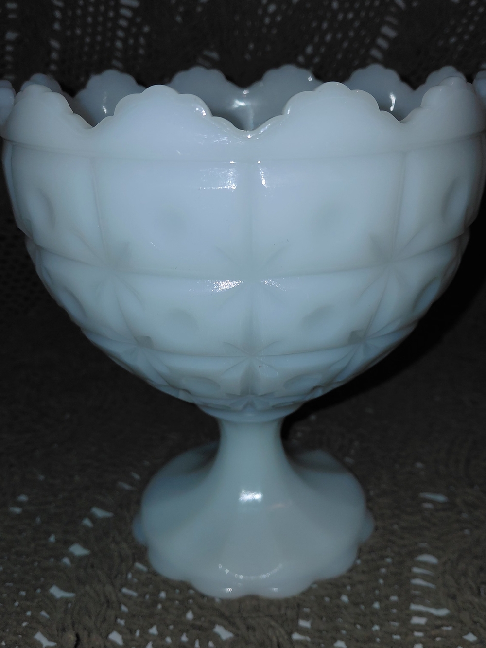 Vintage Napco 1184 Milk Glass Pedestal Compote Bowl Quilted Diamond Scalloped